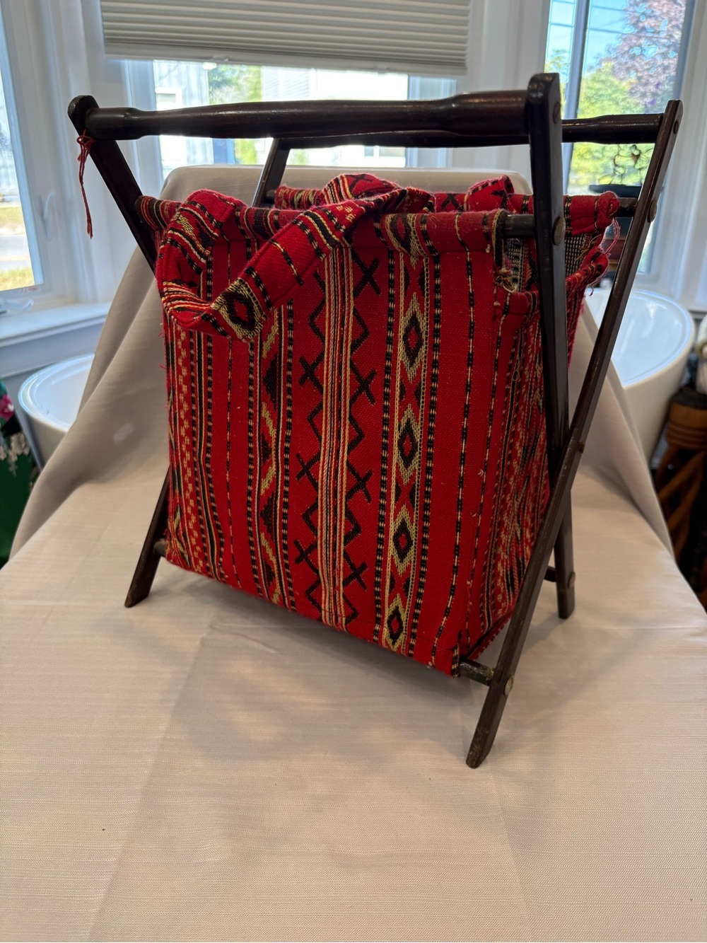 Vintage Sewing Handwoven Red Patterned Fabric Basket with Wooden Frame